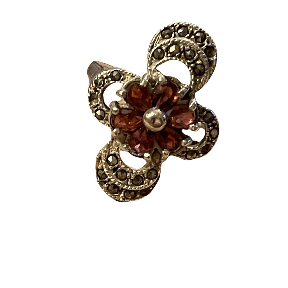 Vintage sterling silver garnet marcasite 925 fancy oblong ring - Picture 9 of 10